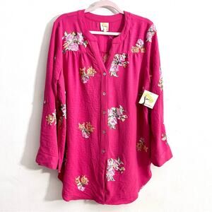 Anthropologie Boho Western Floral Tunic Top Pink Fuchsia embroidered NWT size 2X